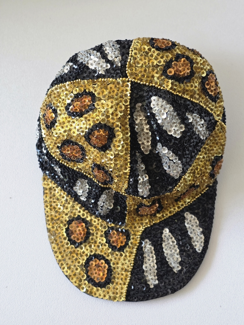 Y2K Sequin Leopard Print Hat Gold Black Mob Wife McBling Glam Statement Cap Vtg - Picture 10 of 16